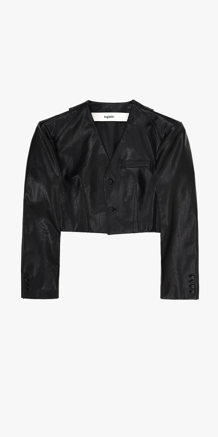Cut-out cropped faux-leather blazer (BLACK)