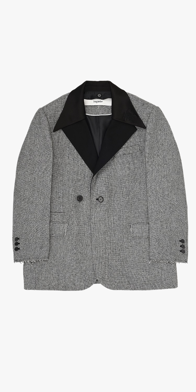 Detachable-collar wool-blend oversized jacket (GREY)