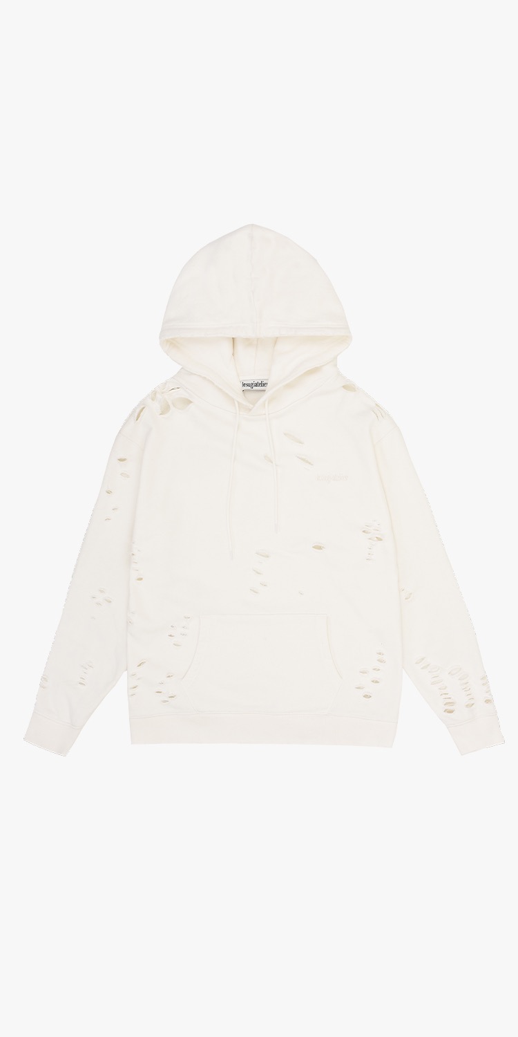 logo embroied  distressed jersey hoodie (IVORY)