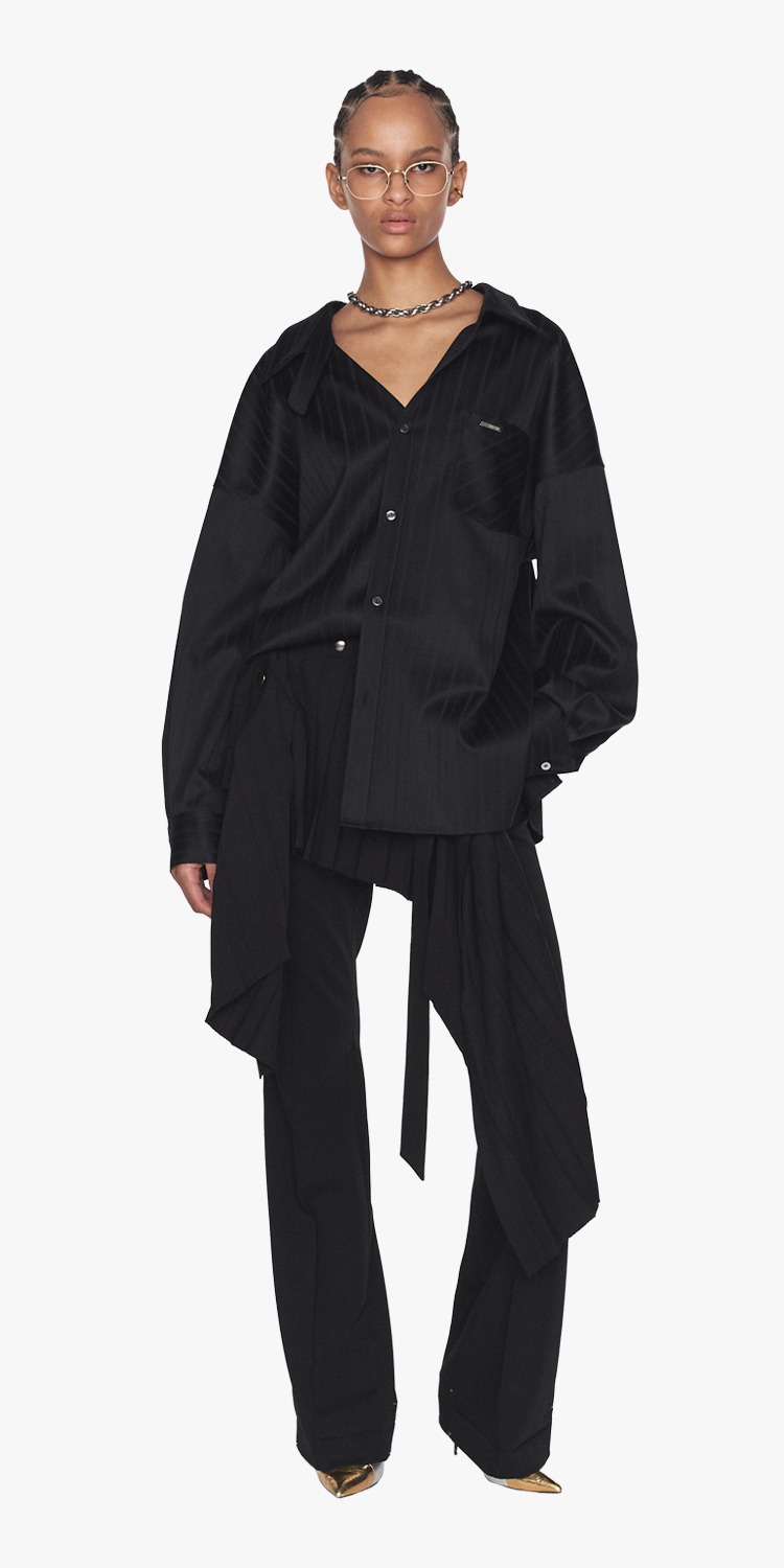 Asymmetric collar oversied wool-blend shirt (STRIPE BLACK)