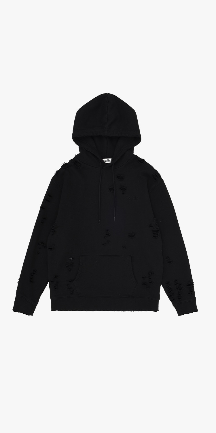logo embroied  distressed jersey hoodie (BLACK)