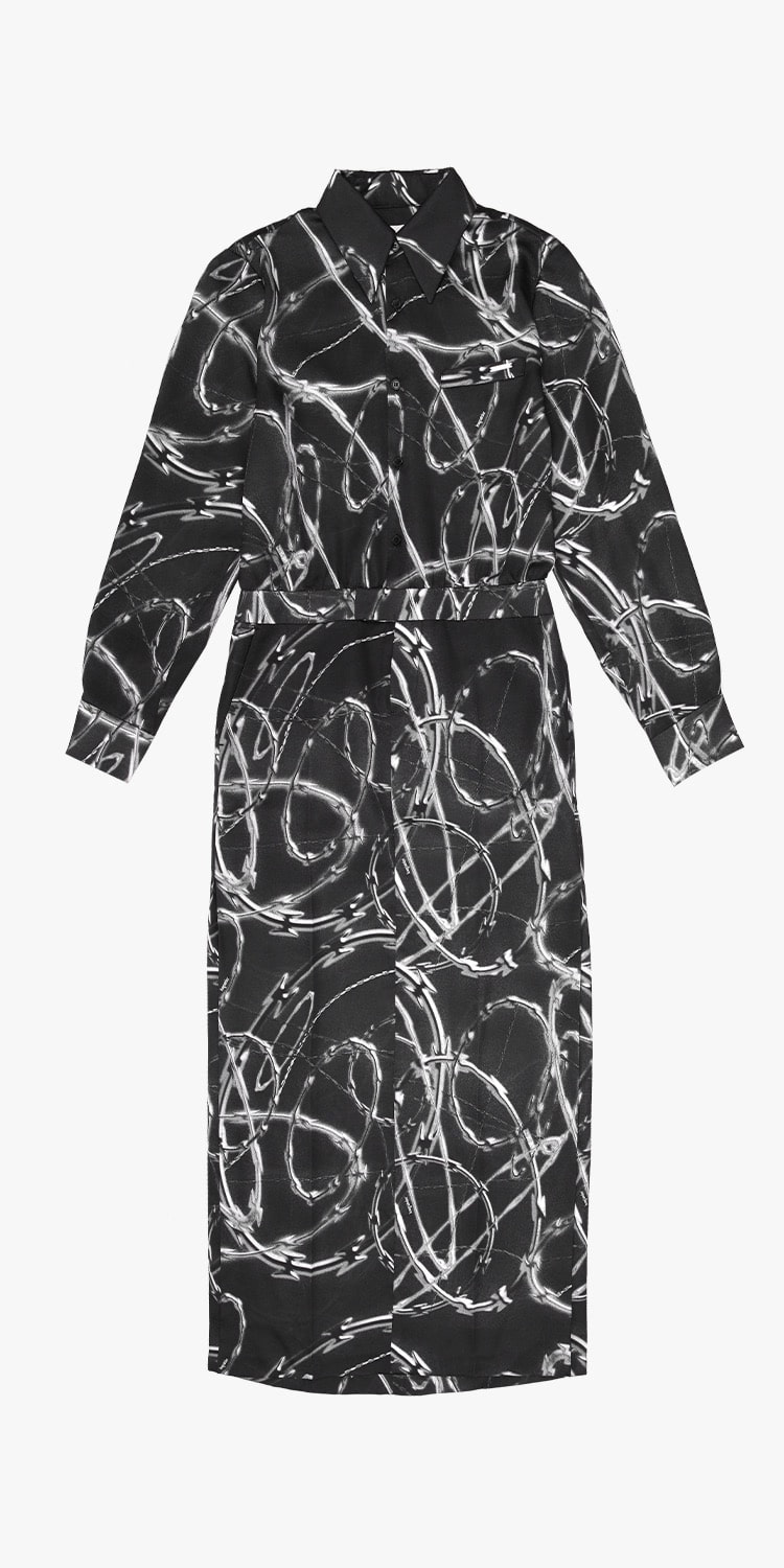 Barbed wire print shirt long dress (BLACK)