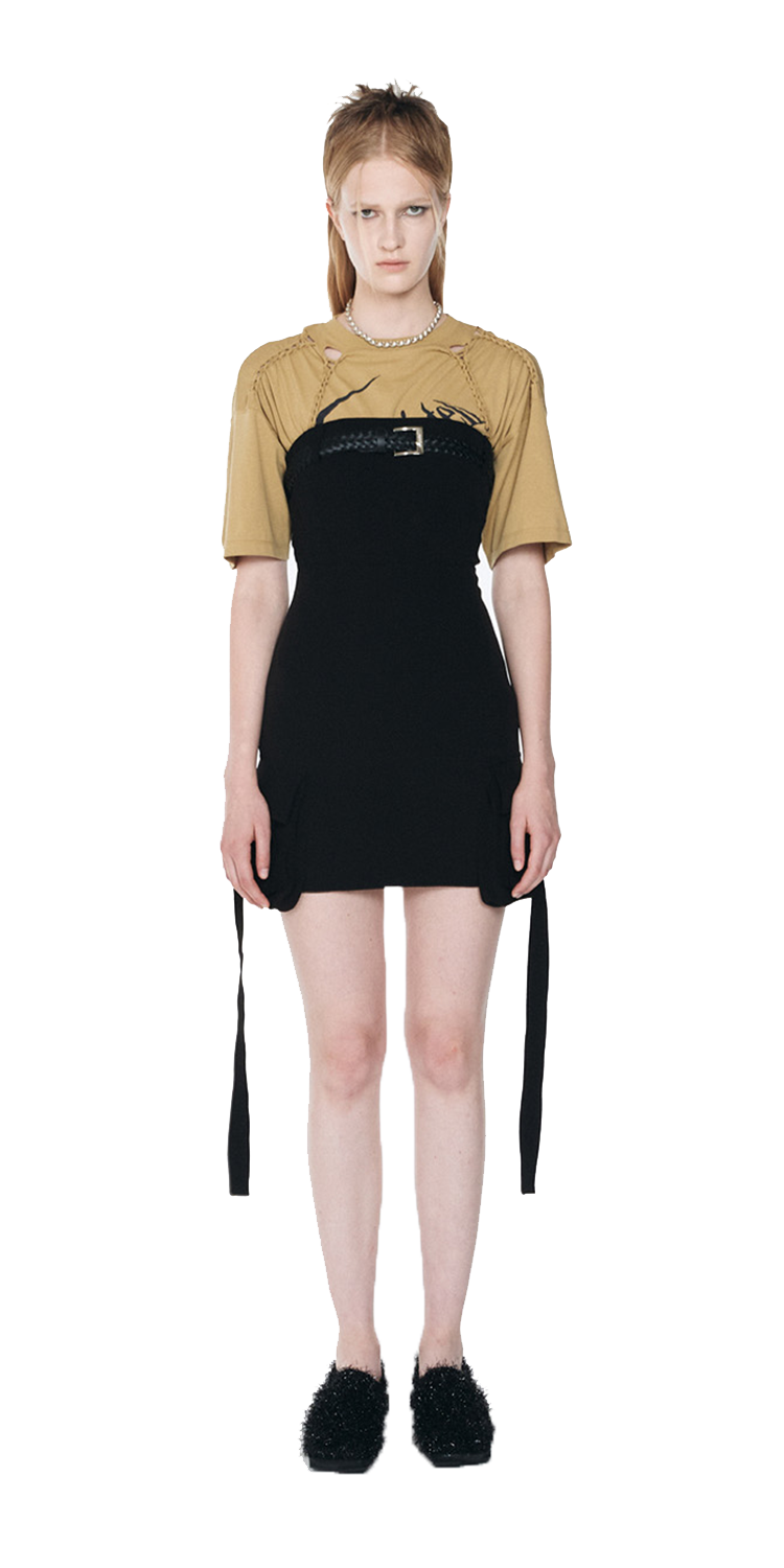 Belted boned-bodice tube top dress  (BLACK)