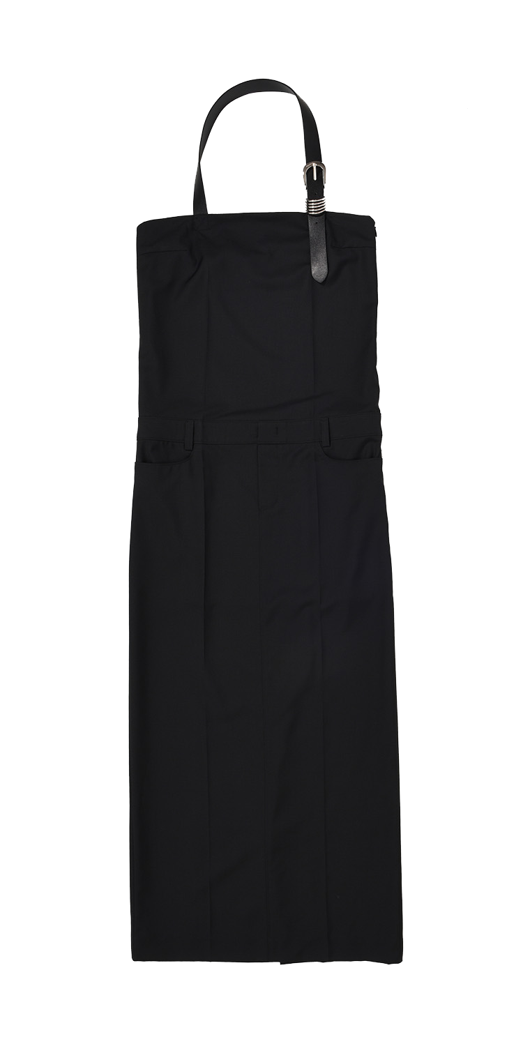 Belted halter-neck long dress  (BLACK)