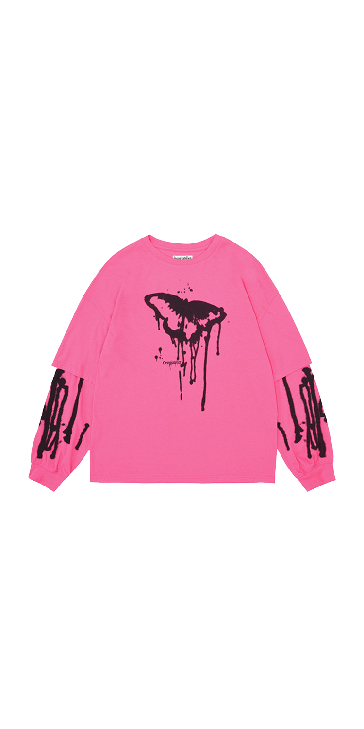 Butterfly graphic layered sleeve T-shirt (PINK)