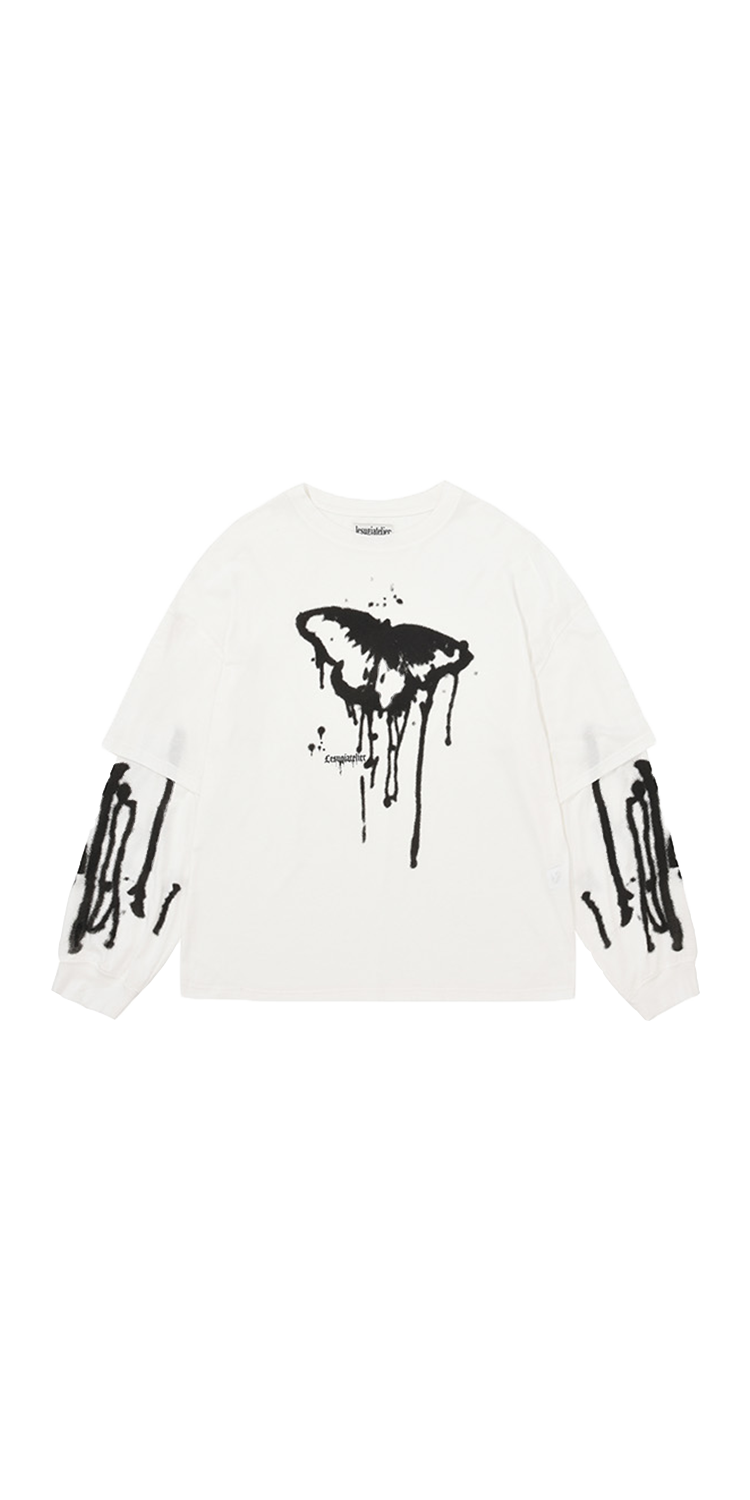 Butterfly graphic layered sleeve T-shirt (WHITE)