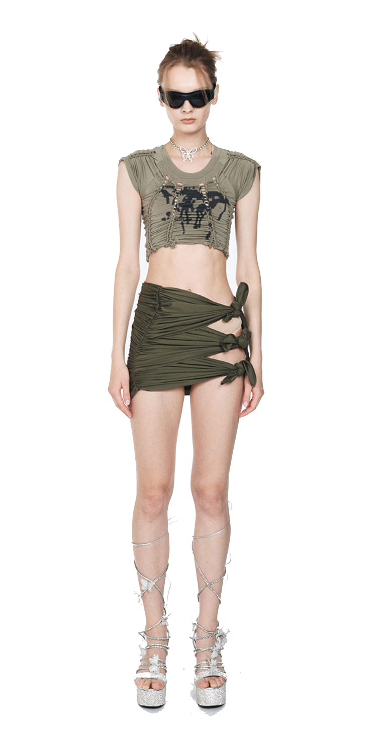 Butterfly graphic knotted cropped T-shirt (KHAKI)